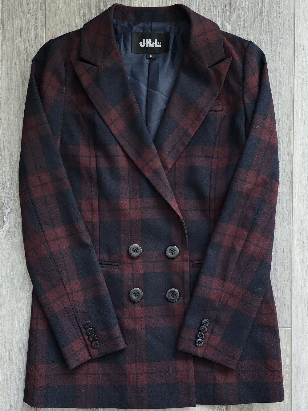 JILL STUART Burgundy & Navy Plaid Button-Up Jacket – Size S